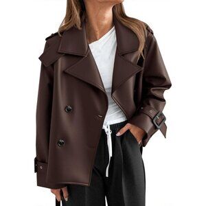 Womens  Dark Brown Faux Leather Jacket | Button Down Moto Coat | Trendy Fall